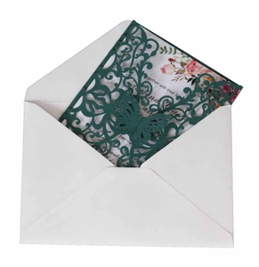 Laser cut dark green wedding invitation set with floral card and white envelope