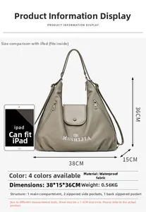 Detail view of a large grey tote bag with dimensions 38x15x36cm and waterproof fabric