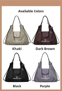 Collage of multi-functional tote bags in khaki, dark brown, black, and purple colors