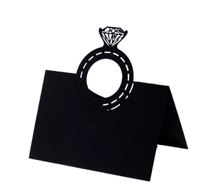 Laser cut black diamond ring place card with elegant hollow design for weddings