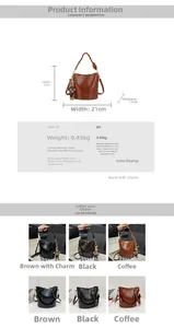 Size guide for retro PU bucket bag showing dimensions 21x21x11cm and fabric details