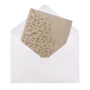 Laser cut lace wedding invitation card with gold glitter texture and white envelope