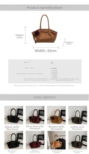 Detailed size chart and multi-color comparison of large suede tote bags with pompom charms