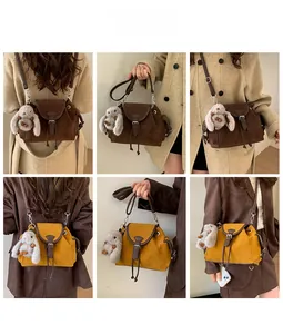 Detail shots showing Korean style bucket bag with plush rabbit charm and crossbody strap