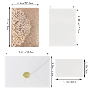 Detailed size dimensions of laser-cut glitter wedding invitation set with envelopes