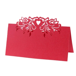 Laser cut red heart wedding place card with elegant floral lace pattern for tables