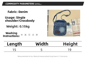 Size chart for blue denim crossbody bag with fabric details and washing instructions