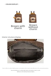 Detailed view of brown corduroy puppy backpack with Chef Puppy embroidery and striped lining