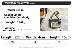 Size guide for washed denim crossbody bag showing dimensions 20x4x15cm and fabric details