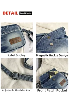 Detail of vintage denim bag with magnetic buckle, adjustable strap, and leather label
