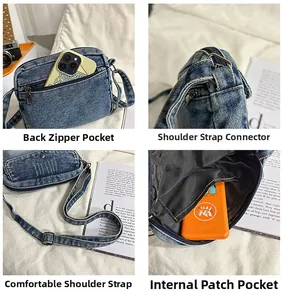 Detailed close-up of blue denim crossbody bag featuring zippers and wide shoulder strap