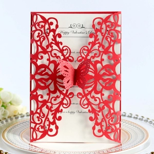 Elegant red laser cut wedding invitation card with 3D butterfly on vintage porcelain plate