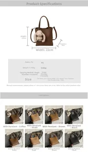 Detailed dimension chart and color variants for the chic PU leather bucket crossbody bag