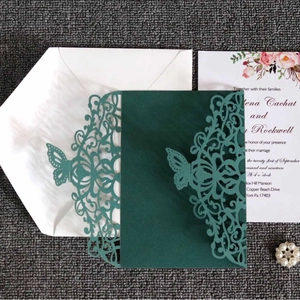 European laser-cut dark green wedding invitation set with butterfly hollow design