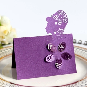 Elegant laser cut purple place card with 3D flower and floral lady silhouette