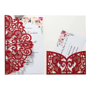 Elegant red glitter laser cut wedding invitation set with floral inner card and RSVP card