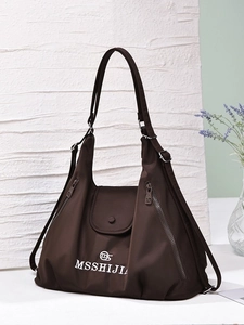 Versatile dark brown nylon tote bag with top handles and adjustable shoulder strap