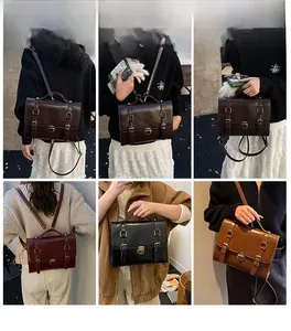 Collage showing four retro PU leather backpacks in brown, black, tan, and burgundy colors