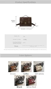 Detailed chart of vintage PU leather satchel with dimensions and five color options