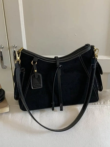 Women Retro Frosted PU Leather Shoulder Bag Contrast Stitching Large Capacity Crossbody Bag Side Pockets Tote Bag