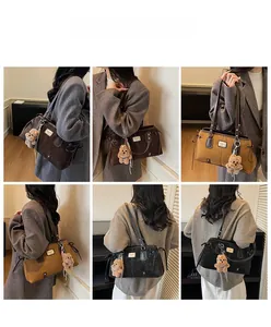 Collage of chic suede tote bags in various colors with cute plush bear charms for women