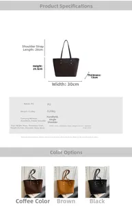 Detailed size specifications and color options for large capacity PU leather tote bag