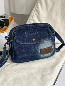 Retro Washed Denim Crossbody Bag For Women Casual Small Shoulder Phone Bag With Adjustable Strap And Patch Decoration