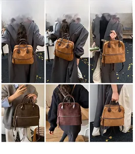 Vues lifestyle d'un sac à dos vintage patchwork avec doubles poignées et bretelles