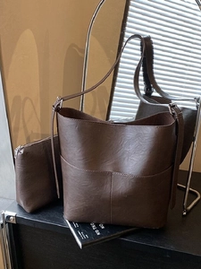 Borsa a Secchiello in Pelle PU di Grande Capacità Minimalista E Pochette Interna Per Donna Borsa a Tracolla Con Cuciture Retro