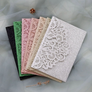 Detailed laser-cut glitter wedding invitation cards in six elegant assorted colors