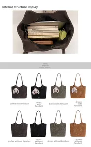 Detail view of large tote bag capacity and color options with plush rabbit charm detail