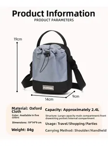 Detail view of lightweight 84g oxford fabric crossbody bag with 2.4L capacity specs