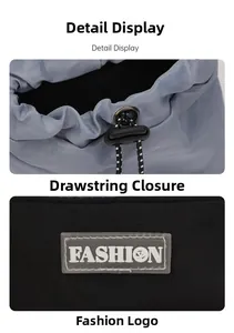 Detail view of the striped drawstring closure and fashion logo on the outdoor bag