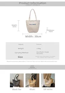Detailed size chart for the large canvas tote bag showing dimensions and colors