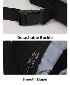 Detail view of the black crossbody bag featuring a detachable buckle and smooth zipper design