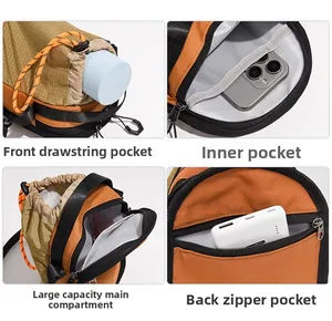 Detailed views of multi-pocket outdoor crossbody bag with orange grid and khak fabric