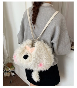 Detailed back view of a white fluffy animal shaped backpack with leather straps on model