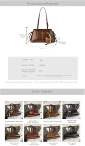 Detailed chart showing PU leather retro handbag dimensions and various color options