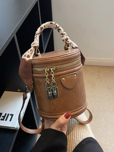 Vintage Women Cylindrical Bucket Bag PU Leather Crossbody Bag With Leopard Silk Scarf Handle Retro Handbag Chic Purse