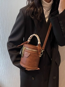 Retro brown cylindrical barrel handbag with leopard scarf handle and gold hardware