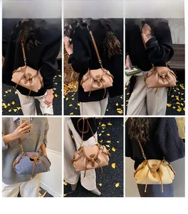Collage of canvas bucket bags with leather trim in khaki and blue in outdoor autumn settings