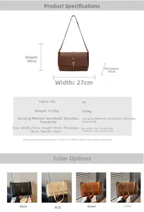Detailed size chart and multi-color options of the faux leather flap shoulder bag