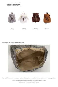 Detalle de mochilas con orejas de conejo en cuatro colores con cordón interior y hebilla metálica