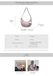 Size guide for pink leopard print suede hobo bag with detailed dimensions and specs