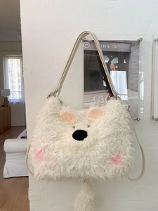 Cute white plush shoulder bag featuring animal ears and a long tail with a beige strap