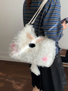 Cute white plush puppy backpack with pink ears and large capacity shoulder strap