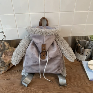 Detail of hoodie-style backpack featuring grey printed fabric and faux shearling trim