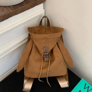 Mochila vintage marrón estilo pingüino con orejas de conejo y cierre de cordón