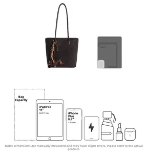 Brown faux leather tote bag capacity guide showing iPad Pro and smartphone fit