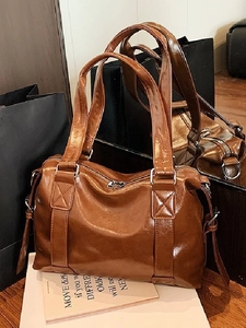 Women Vintage Shiny PU Leather Tote Bag Large Capacity Shoulder Bag Casual Commuting Travel Handbag With Adjustable Strap